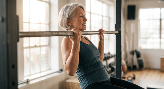 Older woman performing resistance training for muscle strength and healthy aging