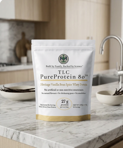 TLC Pure Origin Heritage Vanilla Bean Spice whey protein powder pouch