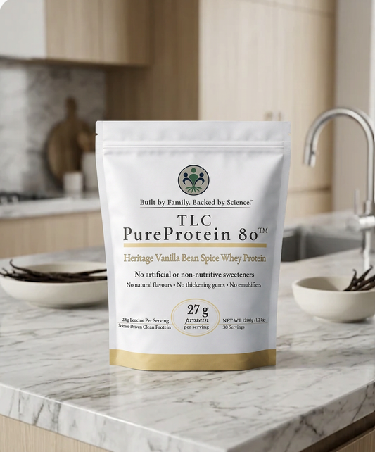 TLC Pure Origin Heritage Vanilla Bean Spice whey protein powder pouch