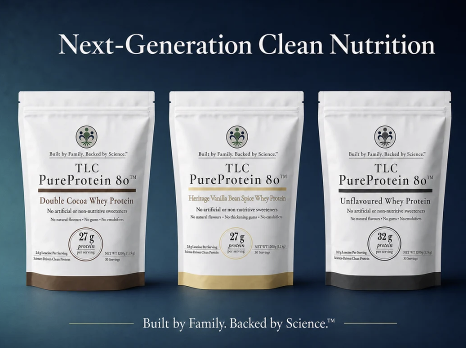 TLC PureProtein 80 whey protein lineup: Double Cocoa, Heritage Vanilla Bean Spice and Unflavoured